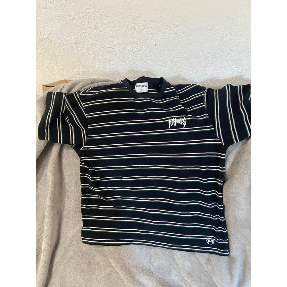 No Hours Mens Striped Short Sleeve T-Shirt Black Green White Size Medium
